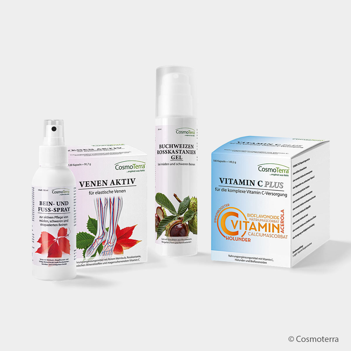 Cosmoterra VENEN-PROGRAMM – Komplett-Set für leichte Beine (Kapseln, Spray & Gel)