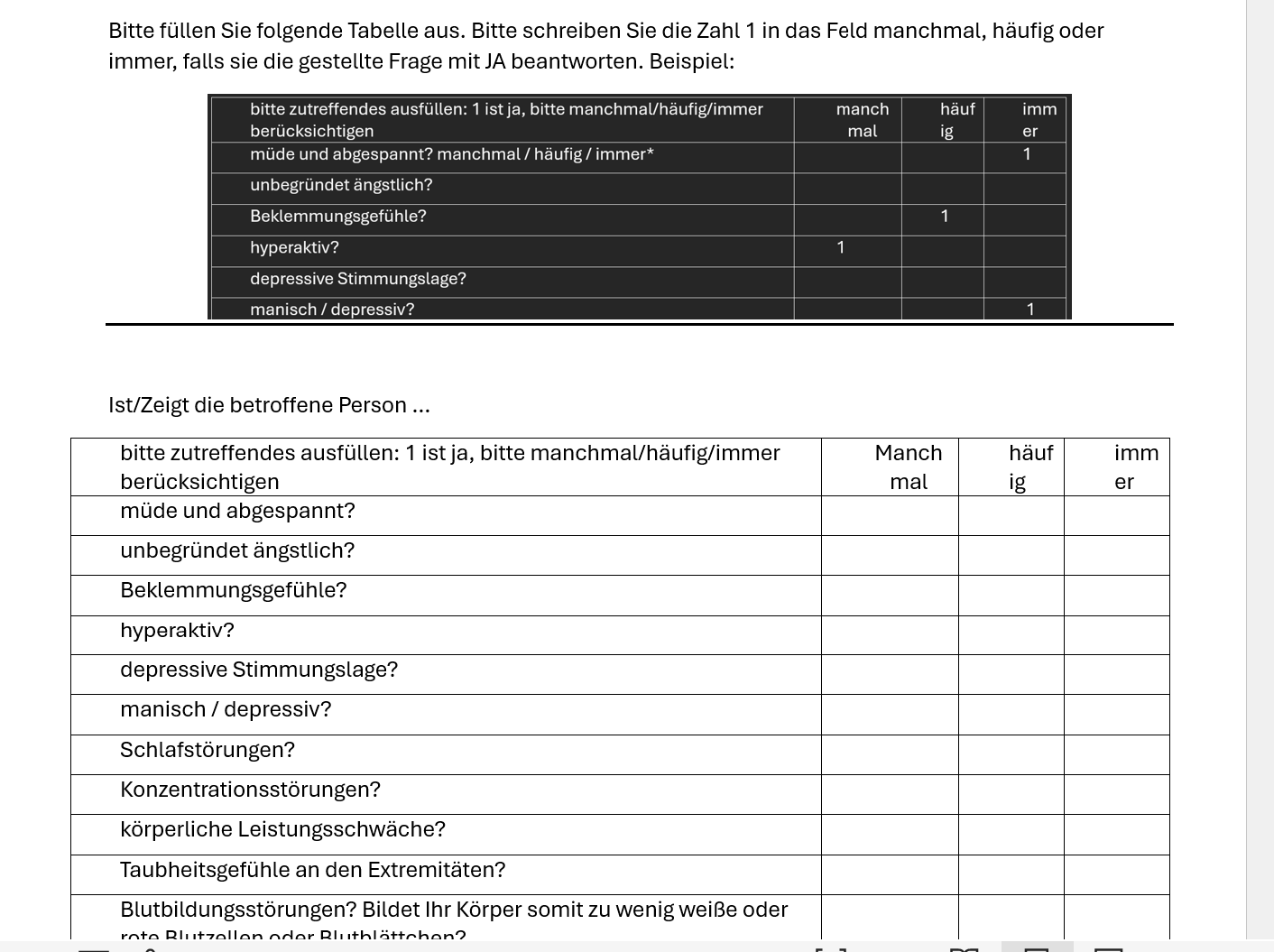 Nährstoffdiagramm Fragebogen